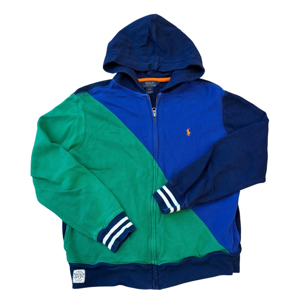 Polo Ralph Lauren Kids Large 14-16 Blue Green Colorblock Full Zip‎ Hoodie Pony